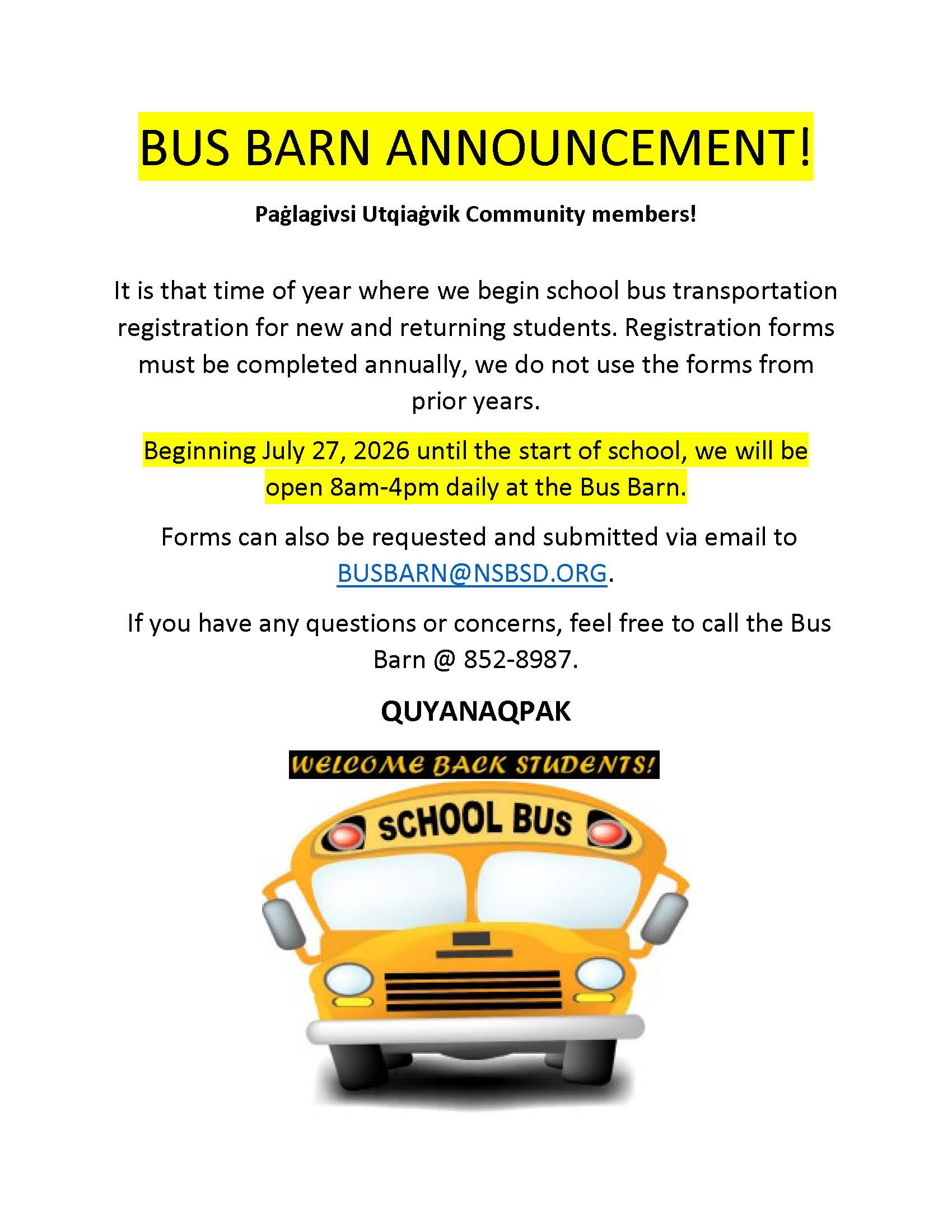School Bus Barn Announcement accepting registration forms beginning July 27, 2026